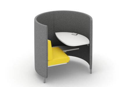 Round study carrel pod with curved privacy screen and power access for one person