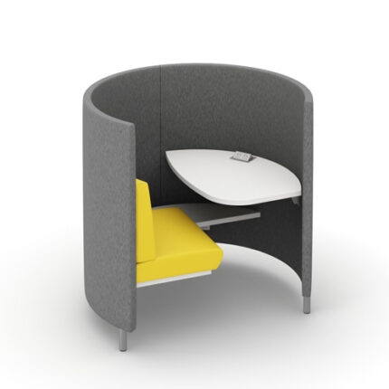 Round study carrel pod with curved privacy screen and power access for one person