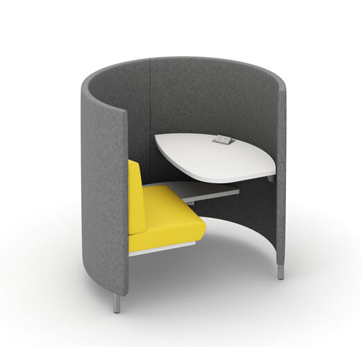 Round study carrel pod with curved privacy screen and power access for one person