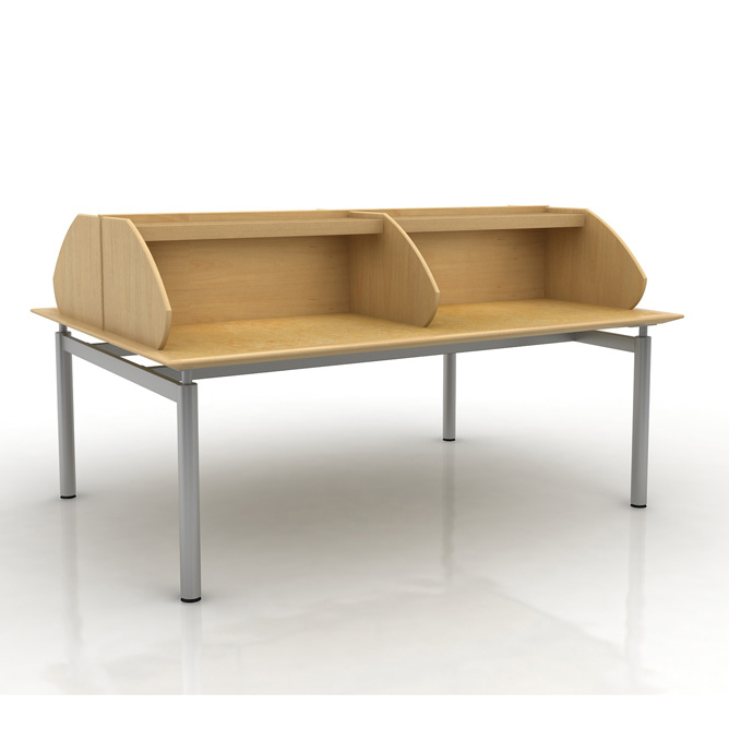 Table carrel with side divider, shelf and metal base