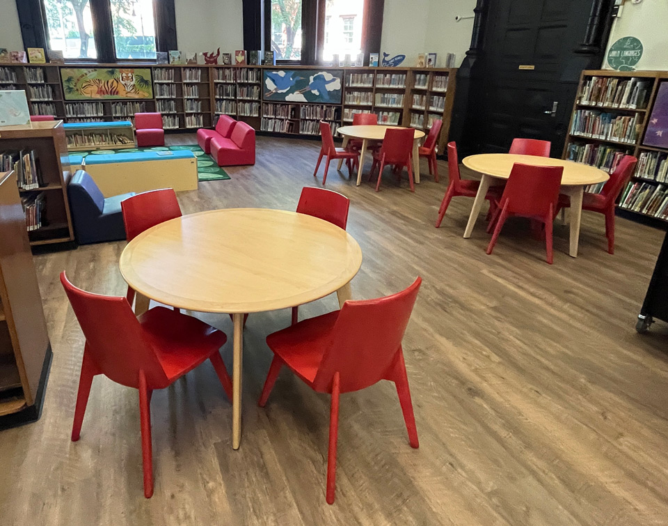 Childrens table and red chairs at library