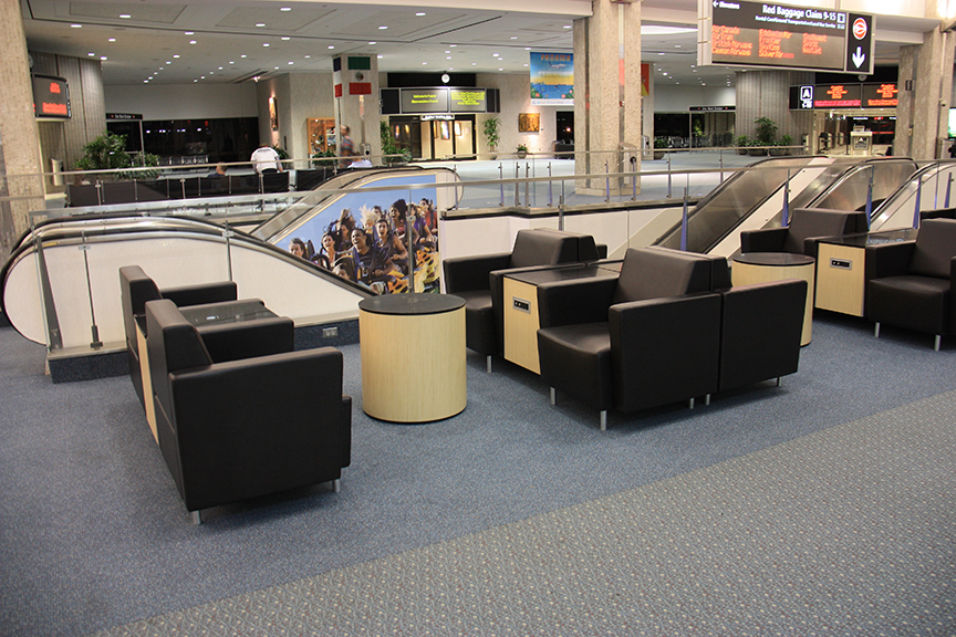 airport lounge seating with powered occasional tables