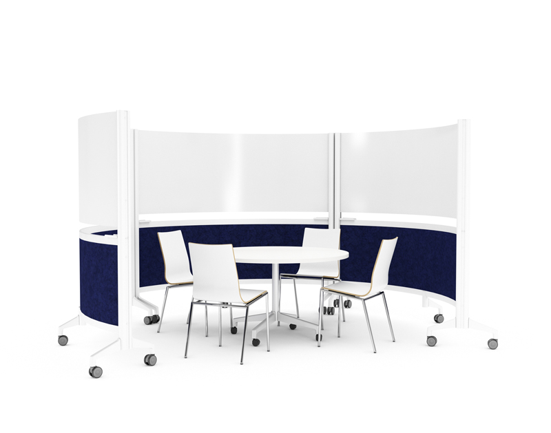 Curved partition wall with navy acoustic panel and whiteboard