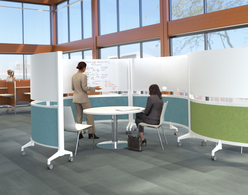 Whiteboard walls on wheels in an open floor plan office