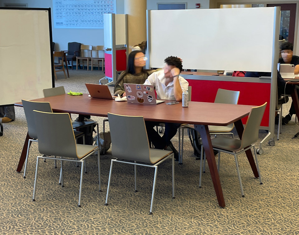 Collaborative furniture with privacy and large table showing two students working together