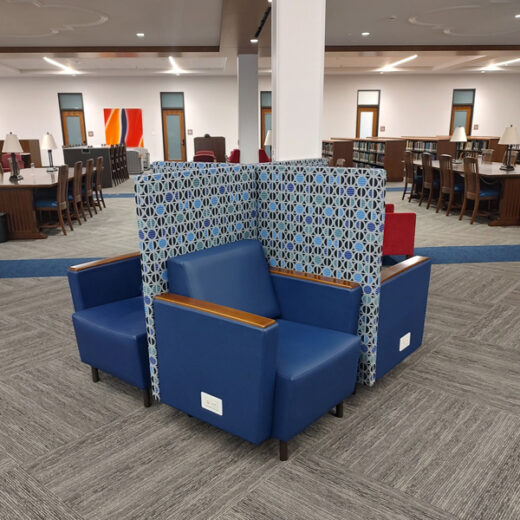 lounge chair in pinwheel formation at Copley Library