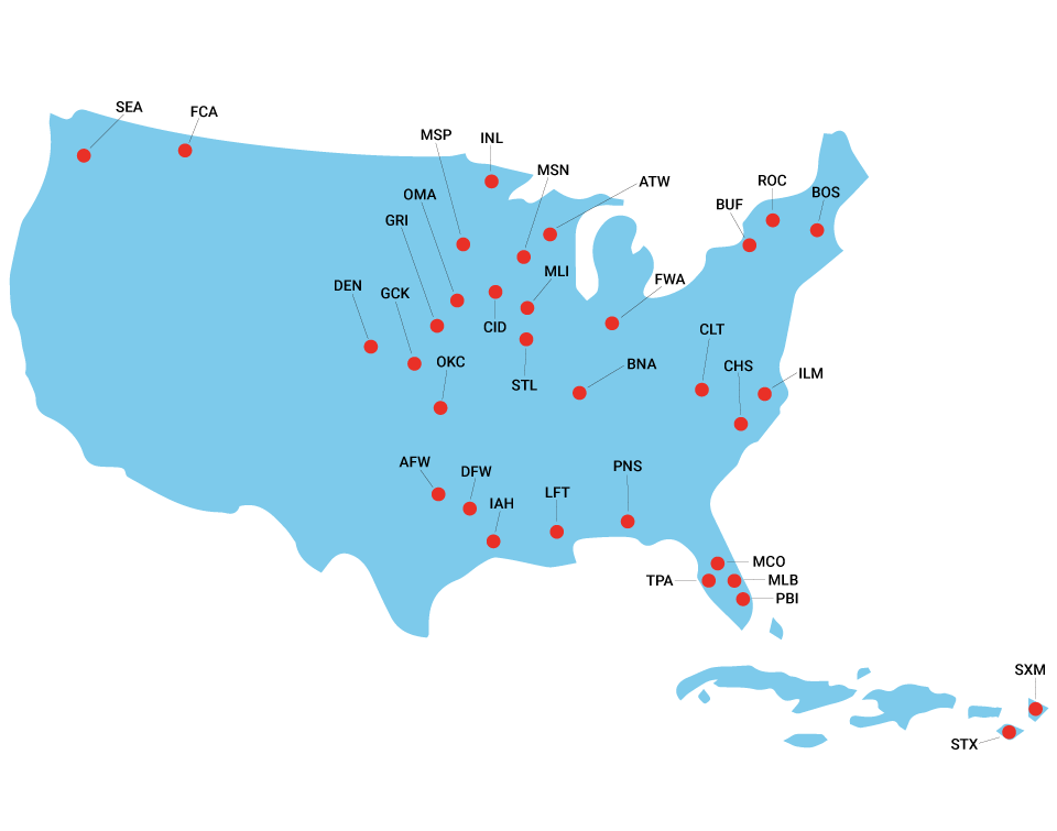 map showing locations of airports with Agati Furniture